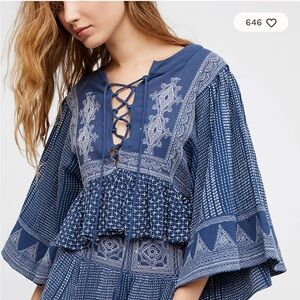 Free People Blue Lace-Up Embroidered Peasant Top
